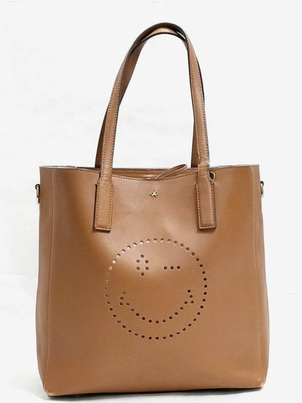 Anya Hindmarch Smiley Face Leather Tote Bag Tan Made in Italy